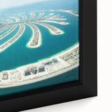Close-up of extra large framed canvas featuring a black and colorful textured depiction of Dubai's skyline.