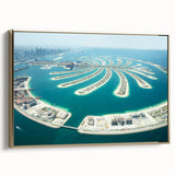 Framed canvas wall art depicting Dubai skyline in muted gold and black tones, suitable for bedroom decor.