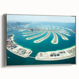 Landscape art painting of Dubai skyline in muted silver and black tones on a framed canvas, suitable for office decor.