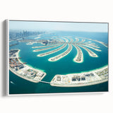 Vintage poster art of Dubai skyline, featuring colorful art on extra large framed canvas, ideal for living room decor.