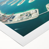 Art deco poster of Dubai skyline in muted gold and blue hues on rolled canvas, ideal for dining room wall art.