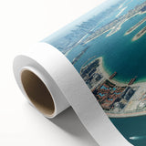 Art Deco style poster of Dubai skyline in muted gold and blue tones on rolled canvas, ideal for nursery wall art.