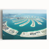 Black and white stretched canvas of Dubai skyline, ideal for kitchen wall art.