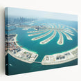 Dubai skyline in muted earth tones on a large stretched canvas, suitable for kitchen wall art.
