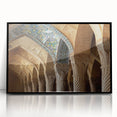 Large abstract wall art depicting a stylized Middle Eastern landscape in muted earth tones, framed in black acrylic.