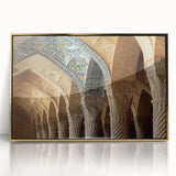 Large acrylic print of a Mid-century modernist Iranian landscape in gold and earth tones, ideal for modern art wall decor.