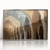 Mid-century modernist art depicting a scenic view of Middle Eastern architecture in muted earth tones on a framed acrylic…