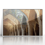 Art deco poster depicting Middle East scenery with muted earth tones on a framed acrylic, ideal for modern art wall decor.