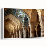 Vintage poster art of a Middle Eastern scenery on a large framed canvas, featuring vibrant colors against a black background.