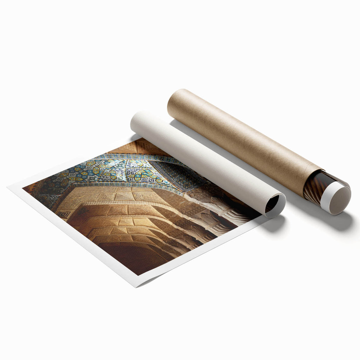 Extra large rolled canvas print of an Iranian landscape with detailed floral patterns in earth tones.