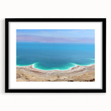 Abstract art print of the Dead Sea in textured, colorful hues on a large framed canvas, ideal for living room decor.
