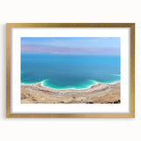 Extra large textured abstract art print of the Dead Sea in muted earth tones, framed in gold, ideal for living room decor.