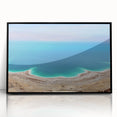 Large abstract wall art of the Dead Sea in muted blue and gray tones, framed acrylic, suitable for modern office decor.