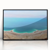 Large abstract wall art of the Dead Sea in muted blue and gray tones, framed acrylic, suitable for modern office decor.