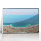 Acrylic print of the Dead Sea with soft blue and white tones in an art deco style, suitable for modern nursery wall decor.