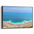 Black and white framed canvas of the Dead Sea landscape, ideal for bedroom wall art in a vintage style.