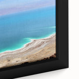 Extra large framed canvas featuring a textured depiction of the Dead Sea in Israel, with a black and colorful art palette.