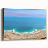 Framed canvas depicting the Dead Sea landscape in muted gold and black tones, suitable for bedroom wall art.