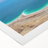Art deco poster of the Dead Sea in muted blue and beige, rolled canvas, suitable for dining room or bathroom.