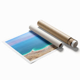 Extra large rolled print of the Dead Sea in muted blue and beige tones, ideal for classy bathroom wall art.