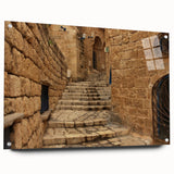 Acrylic glass print of Jerusalem skyline in muted earth tones, suitable for dining room decor.