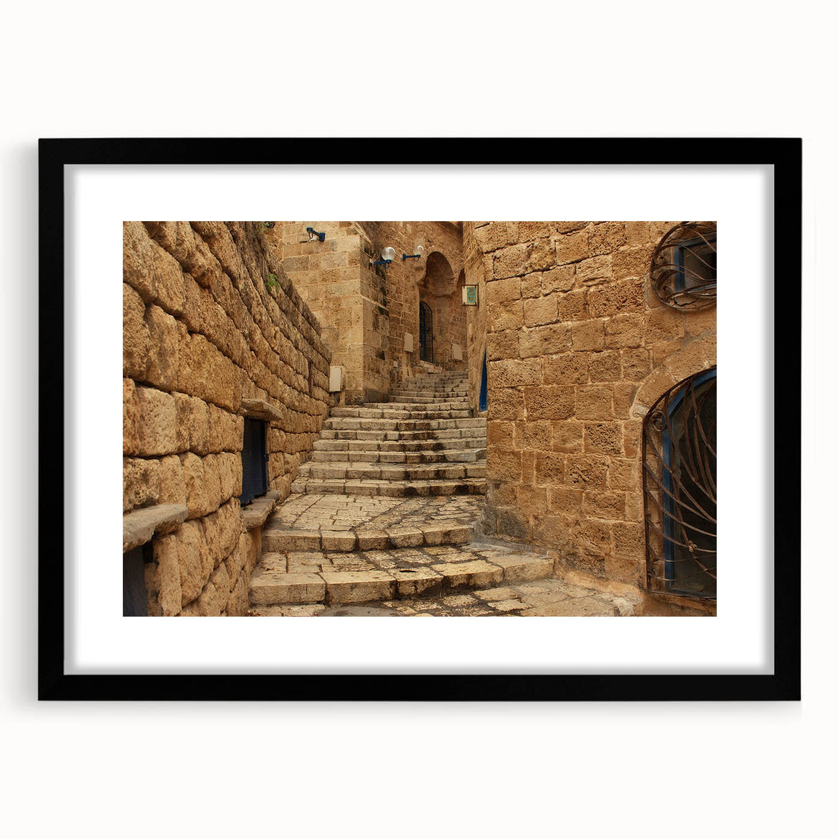 Abstract art print of Jerusalem scenery in vibrant colors on a large canvas, ideal for living room decor.