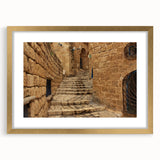 Extra large abstract art print of Jerusalem in textured gold and brown tones on a framed canvas, ideal for living room decor.