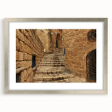 Textured abstract art print of Jerusalem in muted earth tones on a framed canvas, suitable for bedroom wall decor.