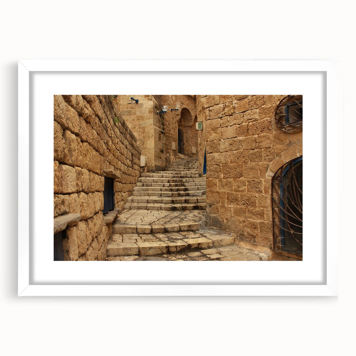 Abstract art print of Jerusalem skyline in muted earth tones on a framed white mat, ideal for dining room decor.