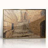 Mid-century modernist Jerusalem skyline in gold and brown tones, framed acrylic print, suitable for nursery wall art.