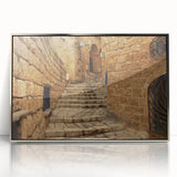 Mid-century modernist art depicting Jerusalem skyline in muted silver tones on a framed acrylic print.