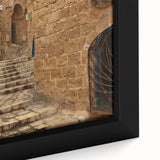 Black wall art featuring a textured Jerusalem cityscape in vibrant colors on a framed canvas, ideal for living room decor.