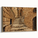 Framed canvas depicting a vintage-style Jerusalem landscape in muted gold and black tones, ideal for bedroom wall art.