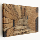 Large stretched canvas depicting a serene Jerusalem landscape in soft earth tones, ideal for kitchen wall art.
