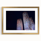 Extra large abstract art print of Tel Aviv skyline in textured gold frame, ideal for living room decor.