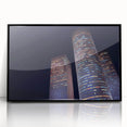 Large abstract wall art of Tel Aviv skyline in muted gray and blue tones on framed acrylic.