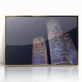 Mid-century modernist style large art print of Tel Aviv skyline in muted gold tones on framed acrylic.