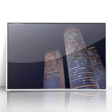 Art deco poster of Tel Aviv skyline in muted gray and blue tones on framed acrylic, ideal for modern nursery wall art.