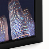 Extra large framed canvas featuring a textured, colorful depiction of Tel Aviv's skyline in black wall art.