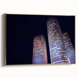 Framed canvas wall art of Tel Aviv landscape in vintage poster style with black and gold tones, suitable for bedroom decor.