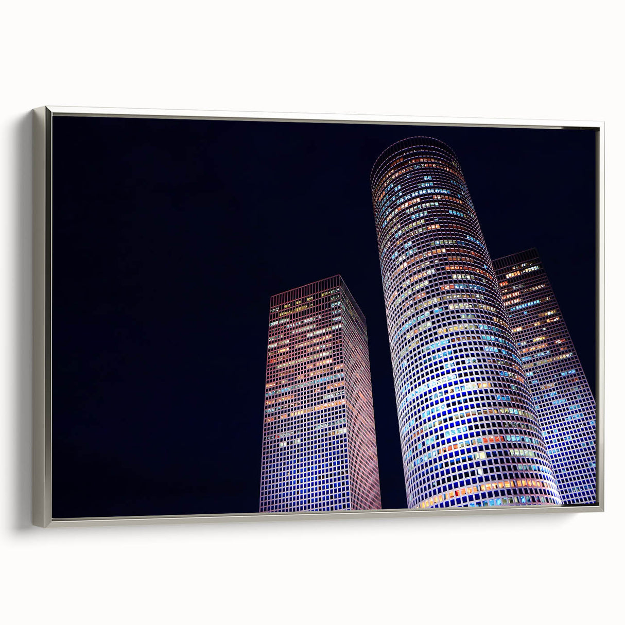 Framed canvas landscape art painting of Tel Aviv with vintage poster style in colorful hues, ideal for living room decor.