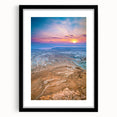 Extra large abstract art print of a colorful Middle Eastern scenery on textured canvas, framed in black.