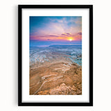 Extra large abstract art print of a colorful Middle Eastern scenery on textured canvas, framed in black.