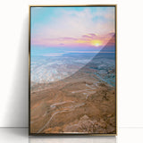 Framed acrylic print of a mid-century modernist Israeli scenery in gold and earth tones, suitable for modern art wall decor.