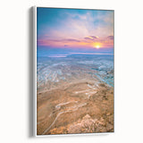 Vintage poster art of a Middle Eastern scenery on a large framed canvas, featuring a colorful palette.