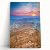 Black and white photograph of a Middle Eastern cityscape on a large stretched canvas.