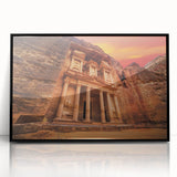 Large abstract wall art depicting a Jordanian landscape in muted earth tones, framed in black acrylic.