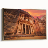 Framed canvas wall art featuring a vintage-style landscape painting of Jordan with a dominant black and gold color palette.
