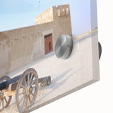 Large abstract wall art depicting Qatar scenery in muted earth tones on acrylic glass, ideal for dining room ambiance.