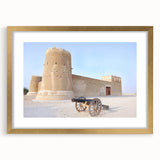 Extra large abstract art print featuring textured scenery of Qatar in gold frame, suited for living room decor.